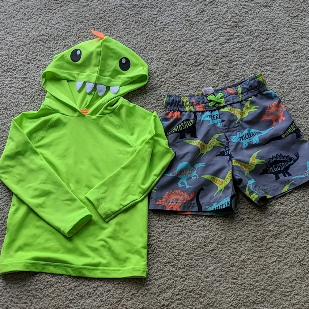 Dinosaur swim suit trunks & rash guard